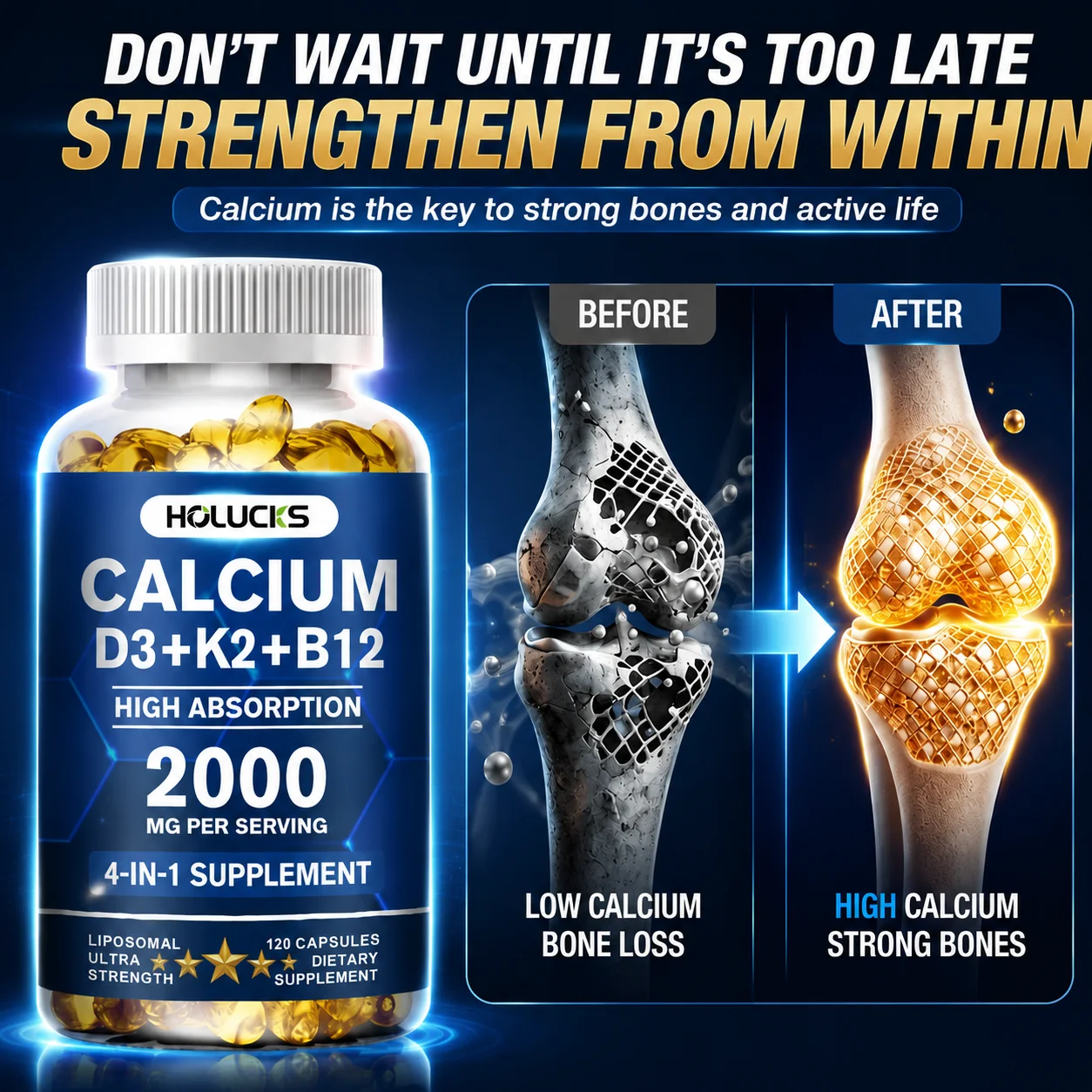 Calcium 2000mg Supplement, with Vitamin D3 K2 B12, Support Bone Teeth Muscle, Maintain Vascular Nerve & Immune Health, Energy