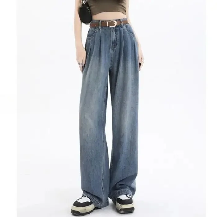 Summer New High Waist Wide Leg Straight Cut Jeans Women's Elegant Drapey Loose Slimming Floor-Length Trousers