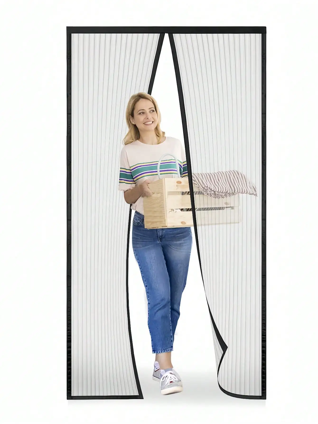 Summer Breathable Magnetic Mosquito Screen Door, Black Polyester Fiber Automatic Sealing Hands-Free Mosquito Net Curtain, Strong Magnetic Suction Design, Suitable For Balcony And Living Room.