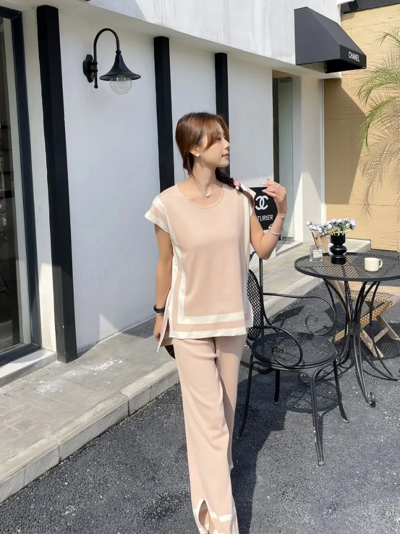 New two piece set Women Korean Fashion Casual Knitted Patchwork O-necl Short Sleeve Pullover Tops + Split Wide Leg Pants Sets