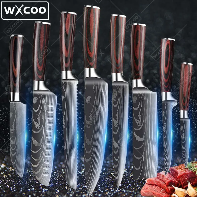 

Набор из 8 профессиональных кухонных ножей из высокоуглеродистой нержавеющей стали: Гюто, Сантоку, Слайсер, Тесак, Универсальные ножи