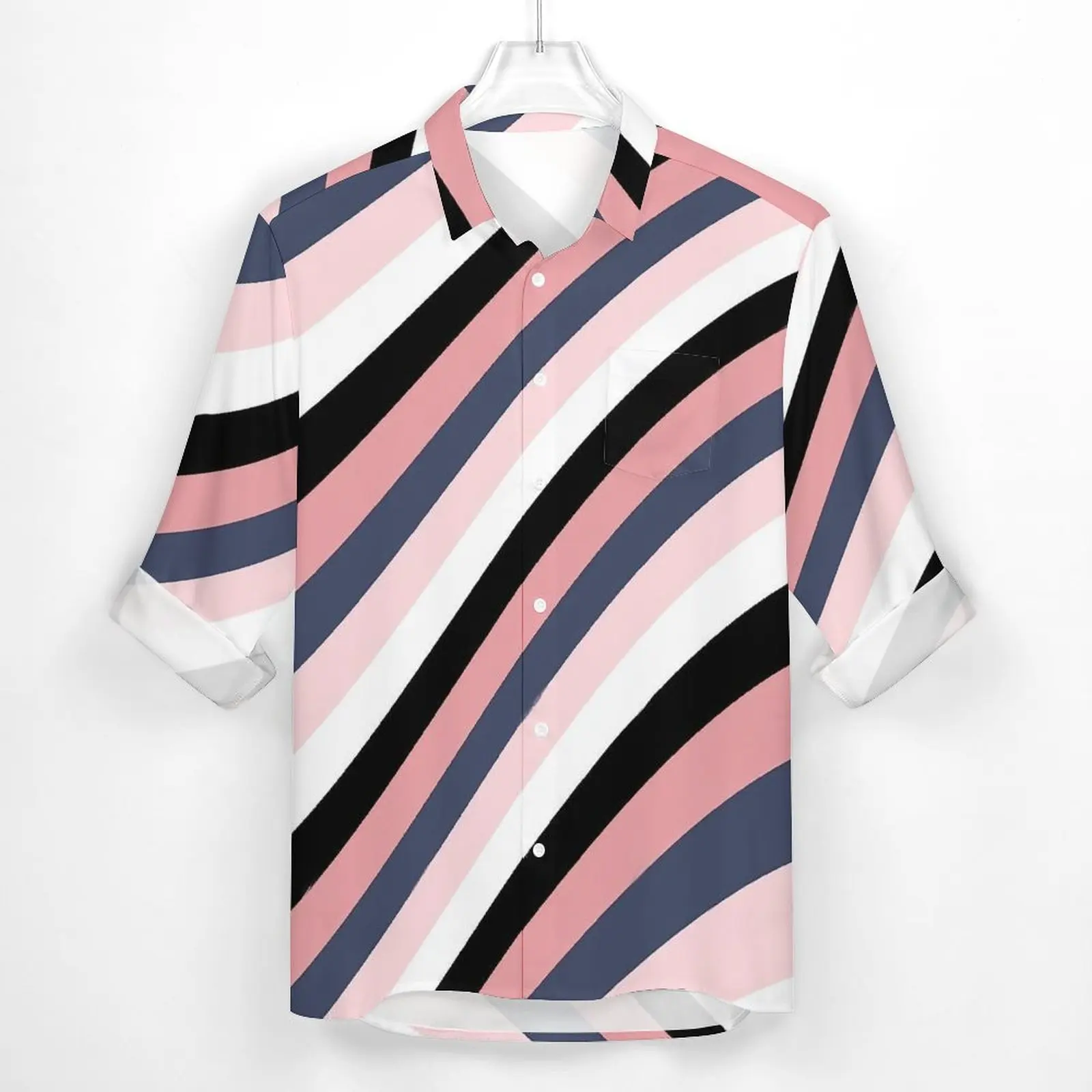 Colorblock Shirt Autumn Multicolor Waves Casual Shirts Male Trending Blouses Long Sleeve Graphic Street Clothing Plus Size