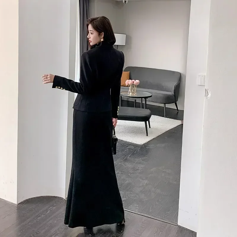 Plus Size 2024 New Fashion All Season Office Womens Full Sleeve Big Gold Metal Button Pockets Slim Casual Black Blazer Coat