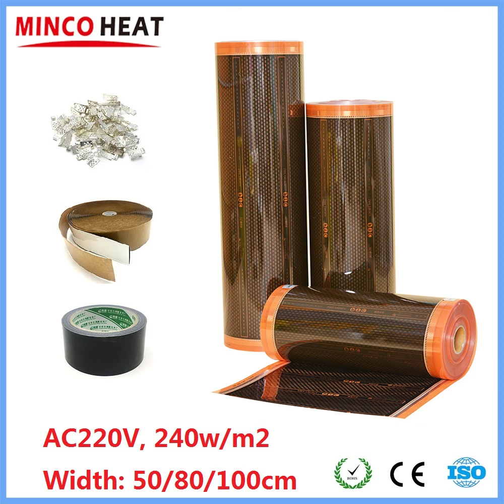 5~50m2 AC220V Infrared Graphene PTC Heating Film 240w/m2 Warm Floor Mat Kits with Clips Insulation Pastes Save Energy