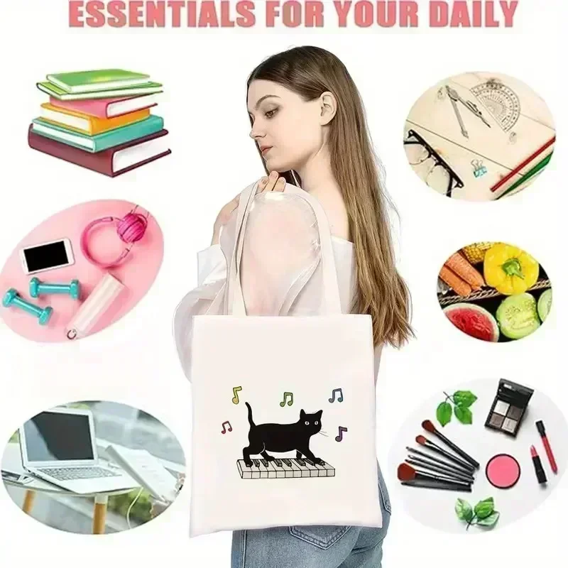 Watercolor Black Cat with Pink Wings Print Canvas Tote Bag Handbag for Cat Lovers Casual Weekend Activities Tote Bags for Women view 4