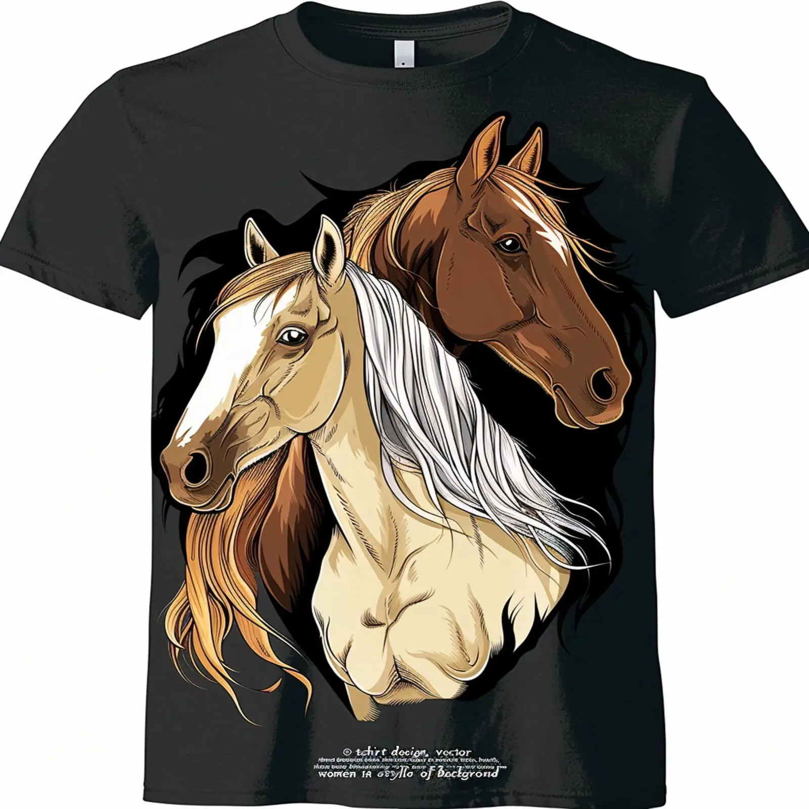 

Stylish Women's Black TShirt with Three Horse Heads Design