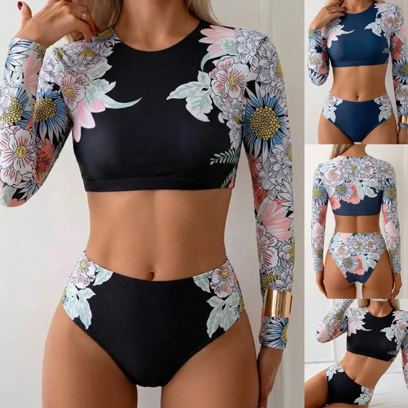 2026 Long Sleeve Two Pieces Surfing Swimsuit Floral Print Swimwear Women Rashguard Diving Clothes Bathing Swim Suit Beachwear