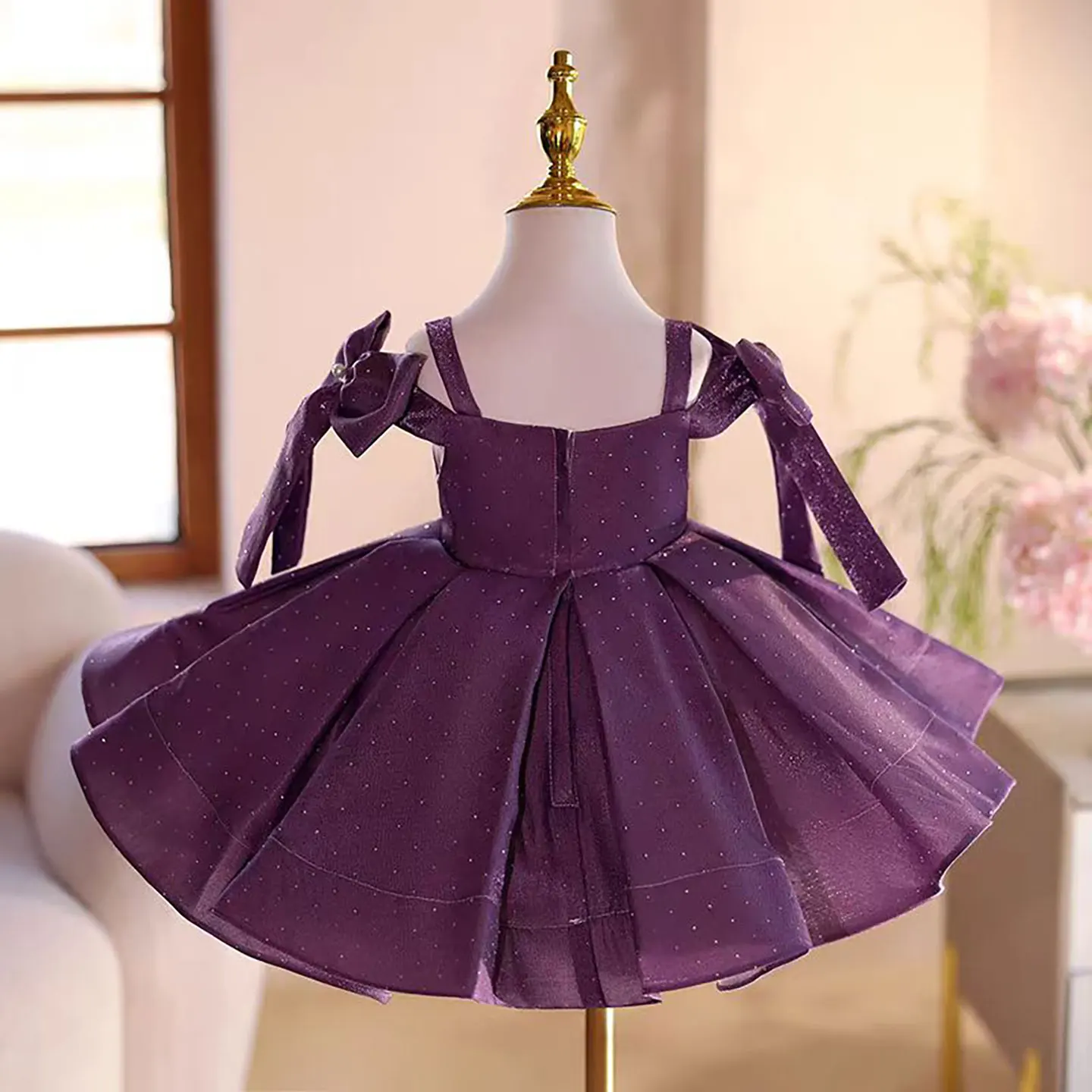 

Dreamy Vow Purple Off Shoulder Polka Dot Baby Girl Dress For Kids Birthday Celebration Party Summer Knee Length Prom Dress D095