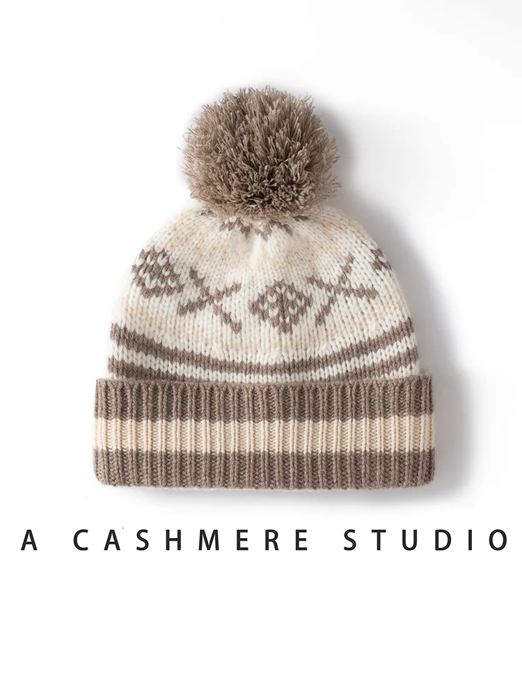 新作 レディース 100%カシミヤ帽子 秋冬 フェアアイル ジャカード帽子 ソフトで暖かいプルオーバーキャップ カジュアル シンプルスタイル カシミヤ帽子 トップス