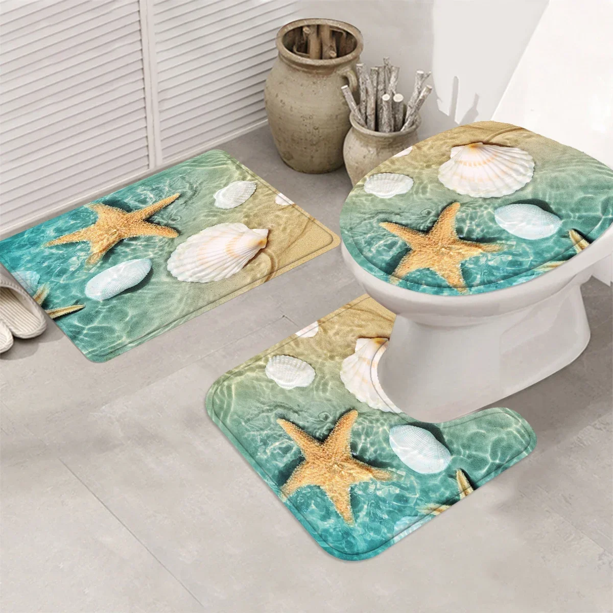 Starfish and Shell Bathroom 4-piece Set, Including Shower Curtain + Anti-slip Mat + Toilet Cover, Summer Ocean Atmosphere