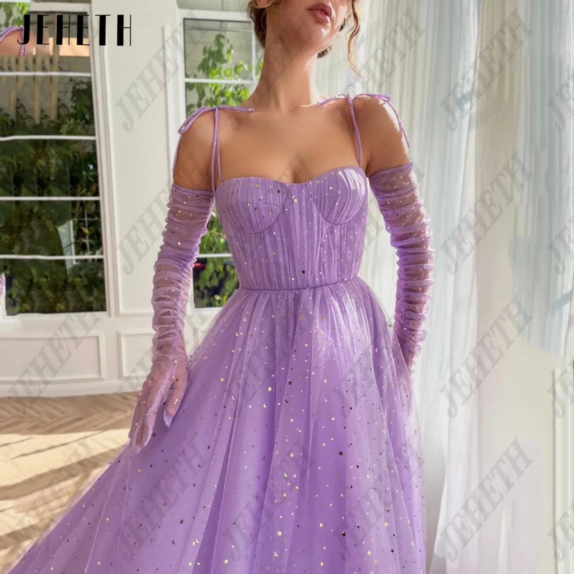 JEHETH Sparkling Purple Prom Dresses For Woman Spaghetti Straps Sweetheart A-Line With Cap Party Gowns Elegant Vestidos De Festa