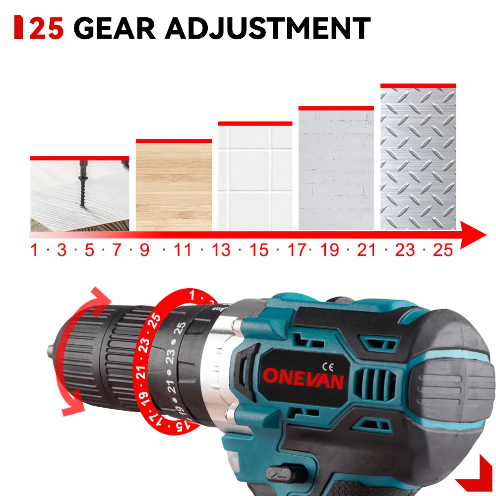 ONEVAN 25 + 3 عزم الدوران مثقاب كهربائي بدون فرش 450N.M مفك كهربائي لاسلكي تأثير الحفر أدوات كهربائية لبطارية 21 فولت 18 فولت