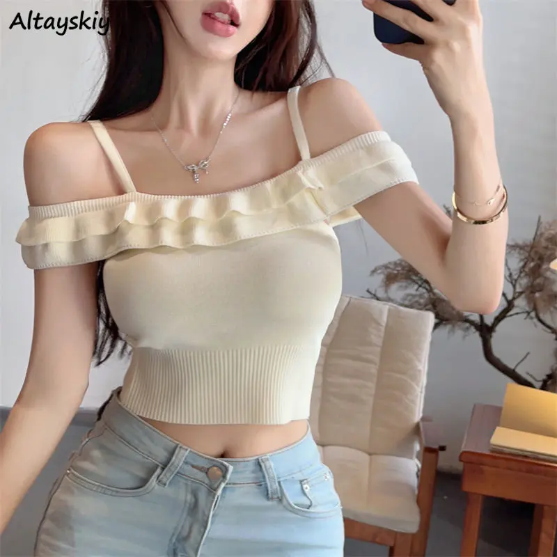 5 Colors T-shirts Women Hotsweet Slim Off Shoulder Summer Crop Tops Sexy Ruffles Fashion Streetwear Gentle All-match Basic Mujer