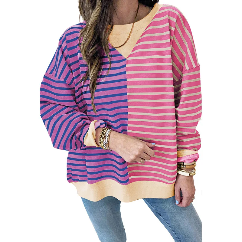 Women's New Casual Patchwork Contrasting Striped Long Sleeved Sweatshirt for Women