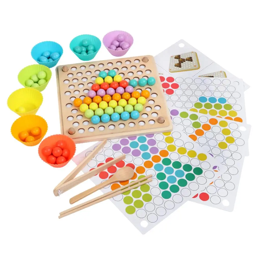 Montessori Material Toy, Coordination Teaching Aids - 77 Beads, 1 Wooden Board, 3pcs 5 Cards