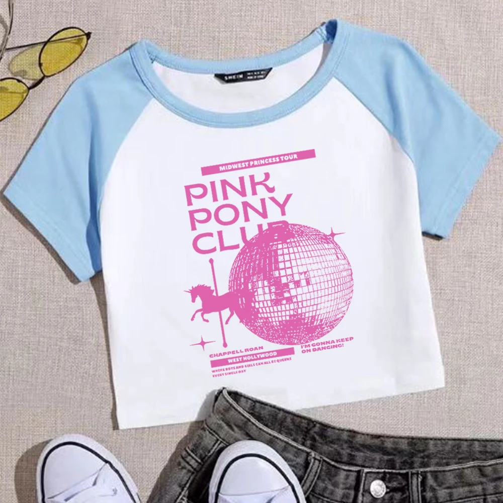 

Укороченные топы Chappell Roan, футболка с розовым пони-клубом, рубашка с веером для женщин и девочек, короткие укороченные топы