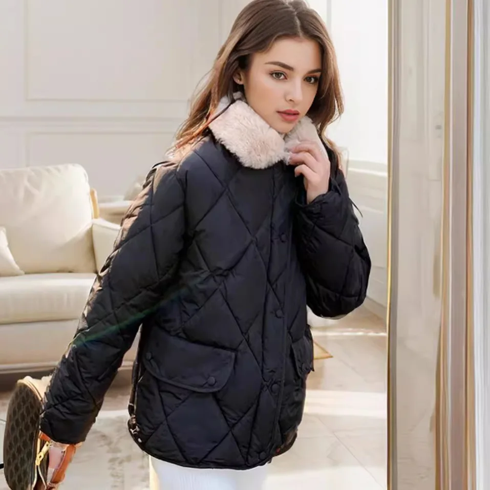 2024 Winter Women's Jacket Female Cold Resistant Short Lambhair Contrasting Color Lapel Casual Cotton Jacket Women's Parkas Coat