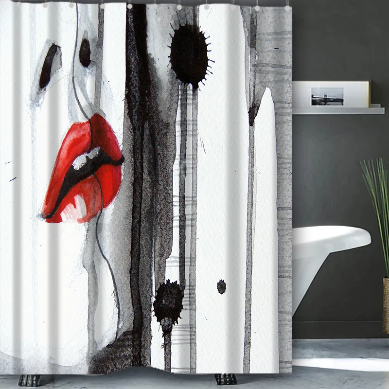 Hot Lips Bathing Curtain  Bathroom Abstract Figure Shower Curtain Waterproof With 12 Hooks Home Deco Free Ship