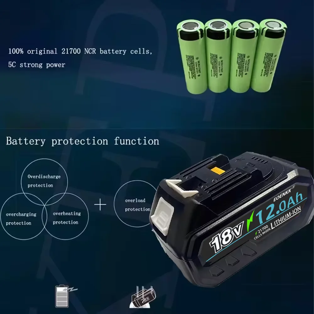 EOENKK 18V 12AH For Makita 18V 21V 21700 Battery Power Tools Li-ion Replacement LXT BL1850 BL1840 for 18V Series Tools with bms