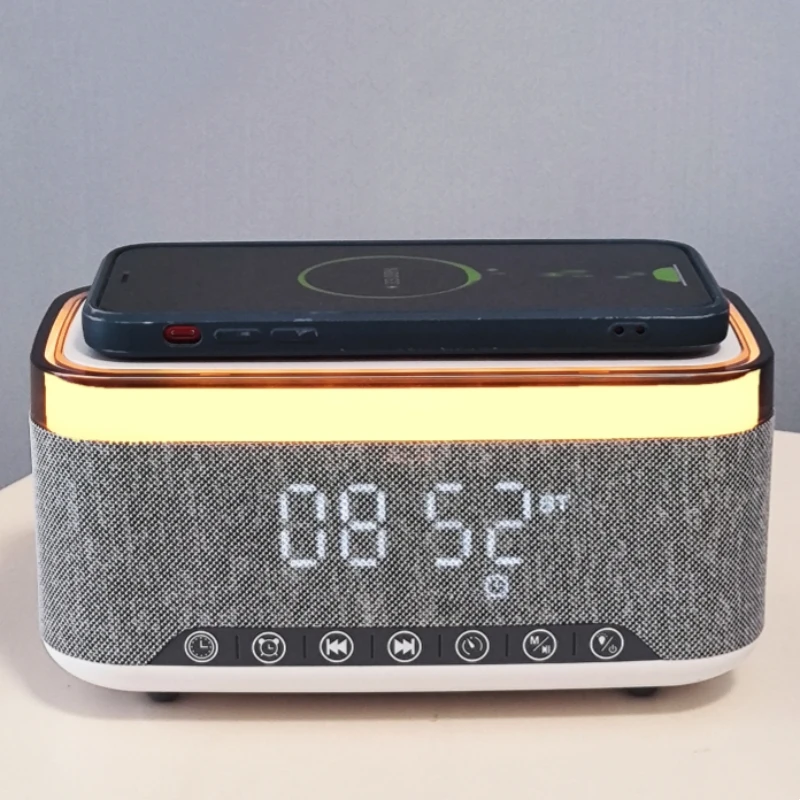 

Multifunctional Digital Clock 15W Wireless Charging Alarm Clock Smart Phone Charger With Bluetooth Speakers for Home Office