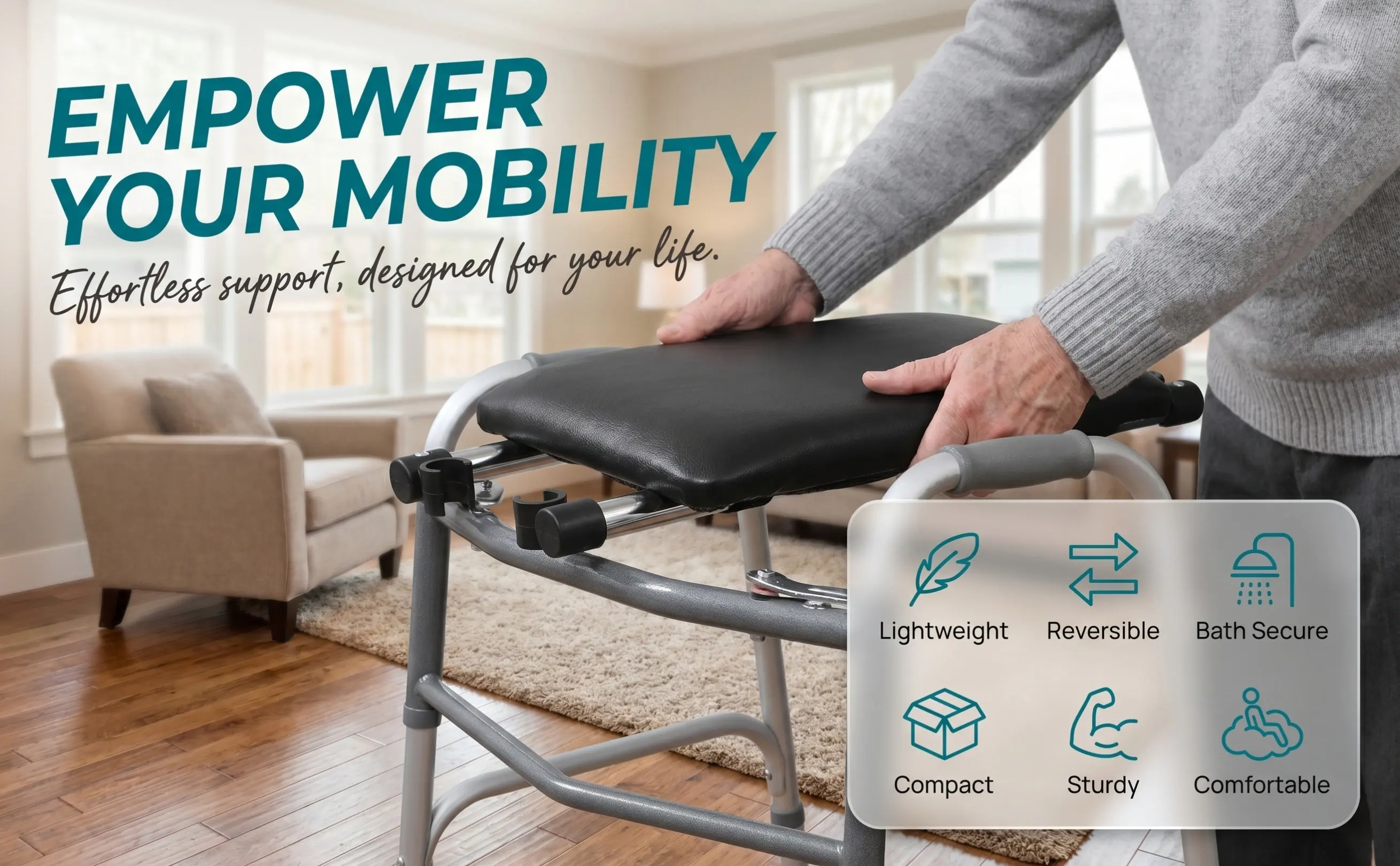 Aluminum Alloy Walker Bath Seat Reversible Sponge PU Lightweight Seat Board Walker Replacement Part for Stable Walking Support