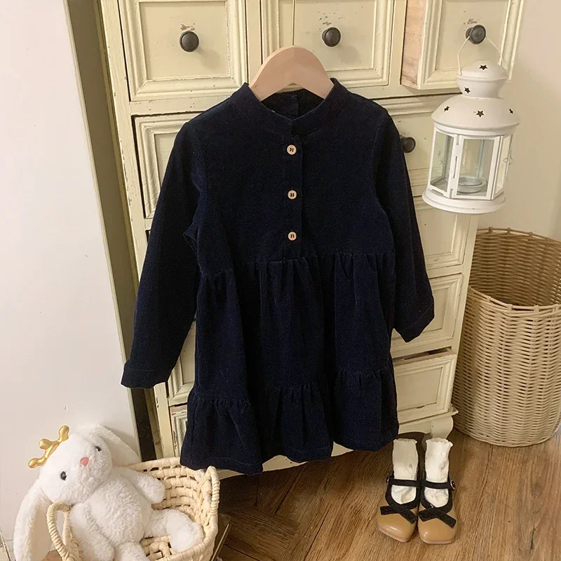 100% Baumwolle Mädchen Cord Langarm Kleid Herbst Winter Neue Kinder Retro Rundhals Knöpfe Kleider Baby Layered Kleid