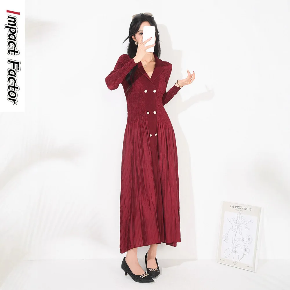 

Miyake Pleats 2025 Autumn New Dress, High-end Waist and Thin, Elegant Suit Collar, French Commuter Dress