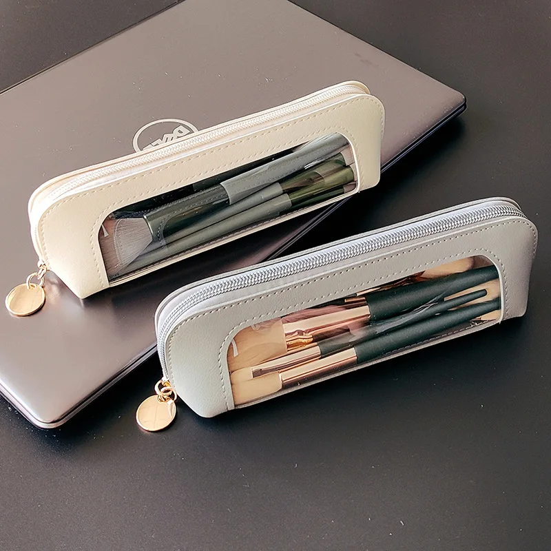 Portable PU Leather Cosmetics Organizer Bag Makeup Brush Pouch Waterproof Pencil Stationery Holder Case Bag with Clear Window