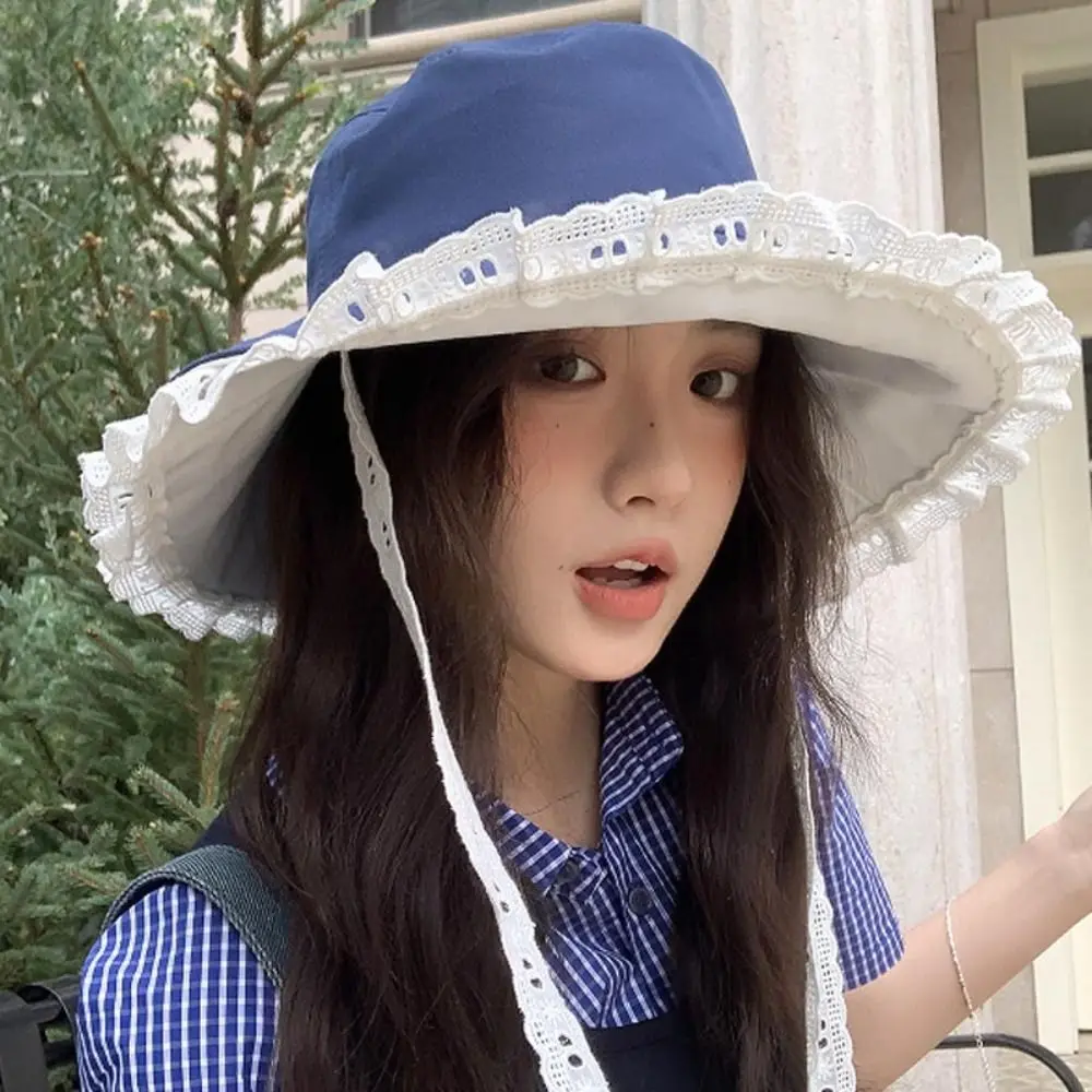 

Sunscreen Sweet Cowboy Fisherman Hat French Style Foldable Lace Ribbon Hat Beach Big Brim Women's Sun Hat Outdoor