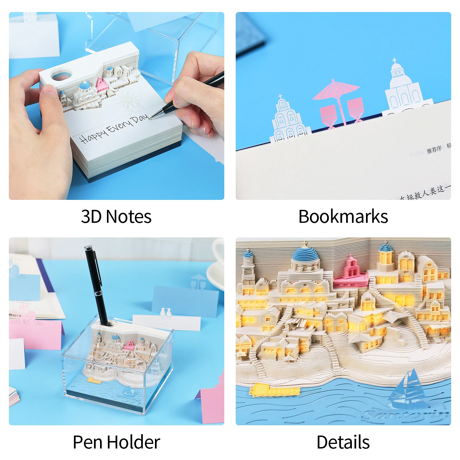 Omoshiroi Block Notes 3D Notepad Mini Santorini Led Memo Pad High Quality Amazing 3D Paper Model Sticky Note 3D Art Friends Gift