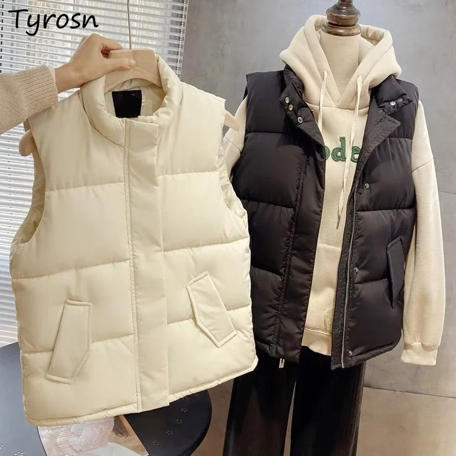 

Vests Waistcoats Women Solid All-match Button Zippers Fly Coats Elegant Korean Style Stylish Thicker Warm Loose Outwear Students