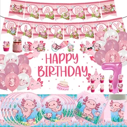 Cartoon Pink Axolotl Theme Cute Children's Birthday Party Disposable Plate Paper Cup Tissue Tablecloth Tableware Gift Prop Decor