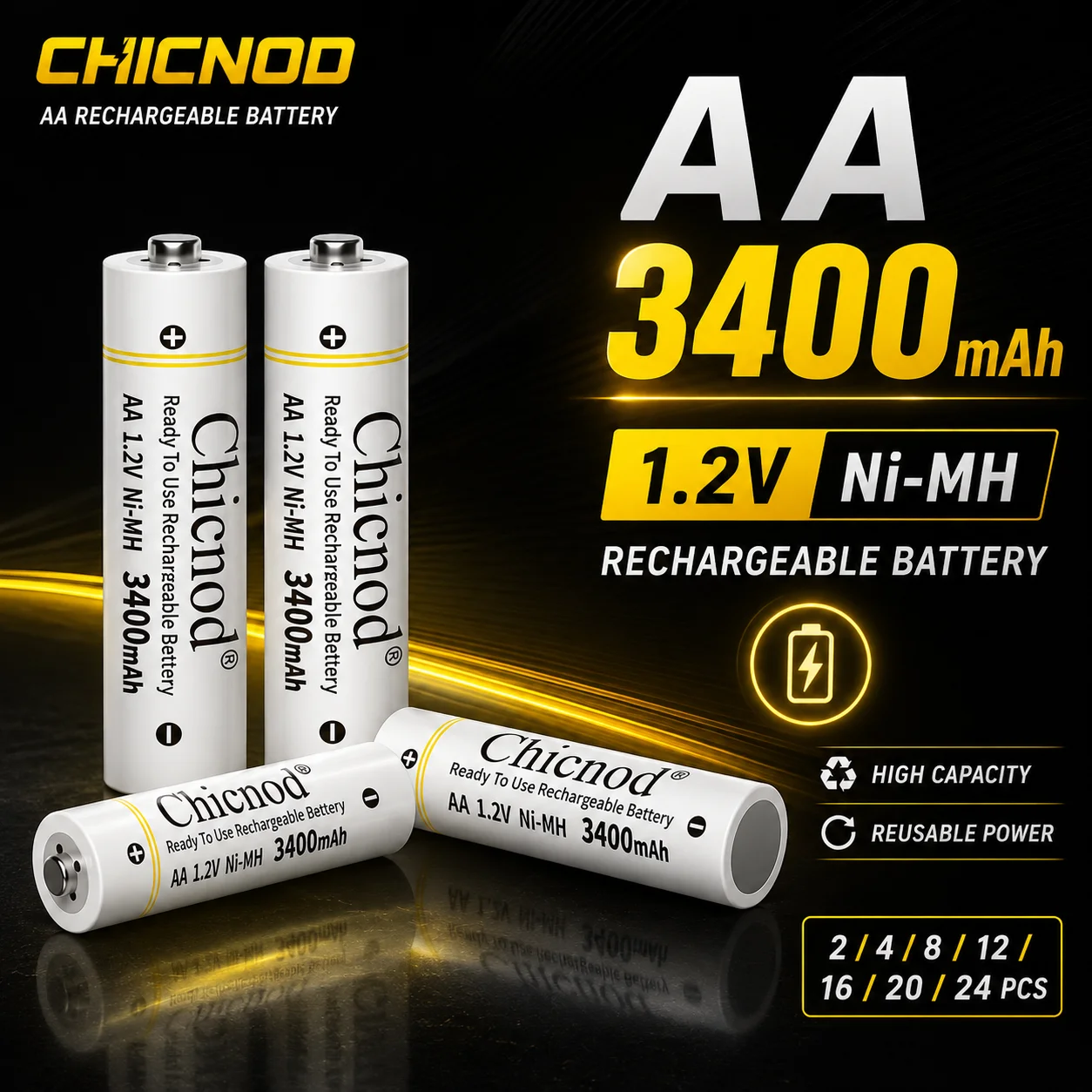 CHICNOD AA Rechargeable Ni-MH Batteries 1.2V 3400mAh High Capacity Rechargeable AA Battery 2/4/8/12/16/20/24PCS for Devices