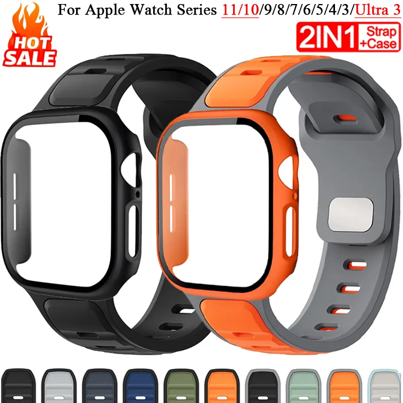 2-in-1 Silikon-Sportarmband + Bildschirm-PC-Hülle für Apple Watch Series 11 10 9 8 7 6 5 4 SE 3, weich, für iWatch 46mm 42mm 45mm 44mm 49mm