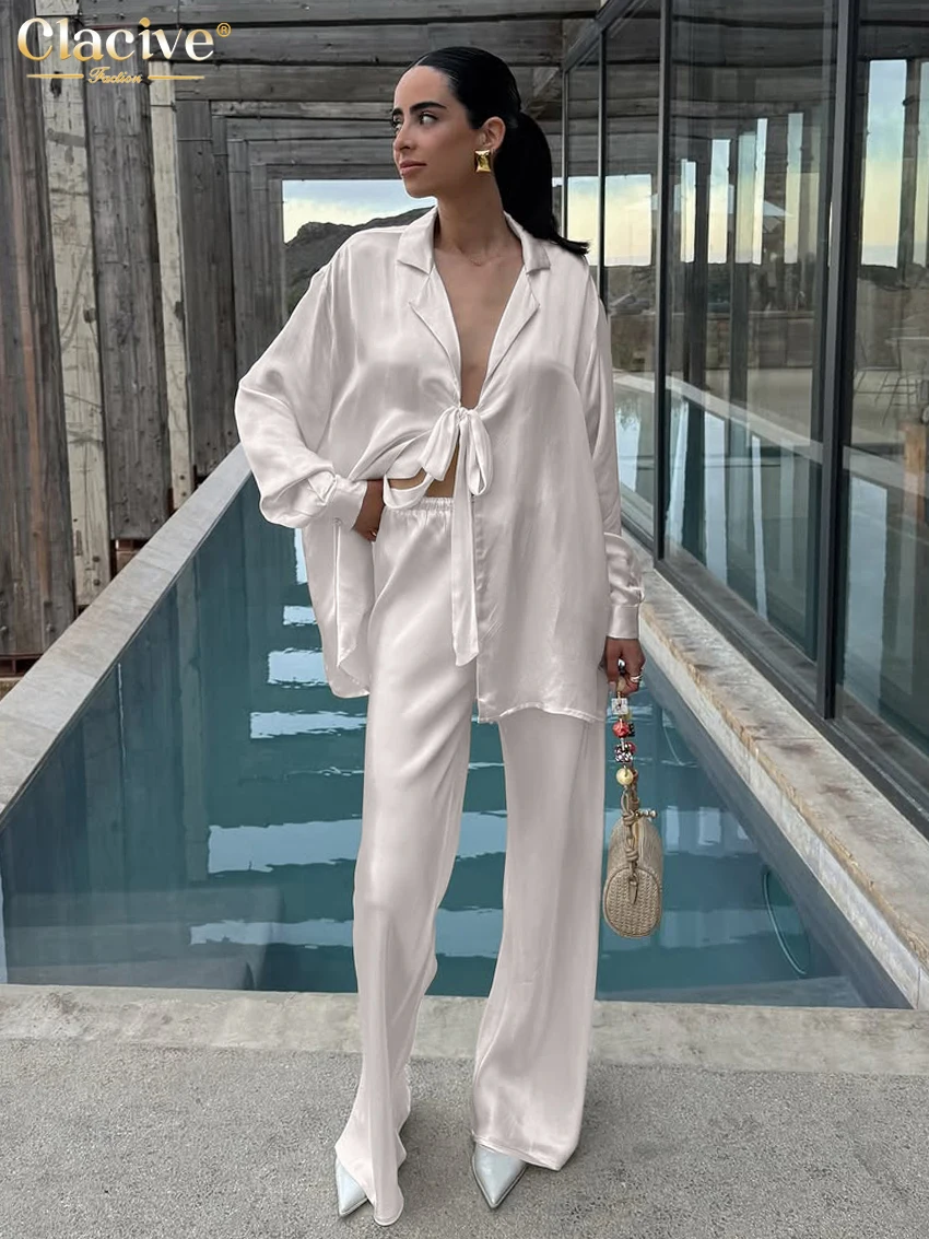 

Модный комплект Clacive: свободная блузка из сатина винного цвета с длинным рукавом и брюки с высокой талией, женская одежда