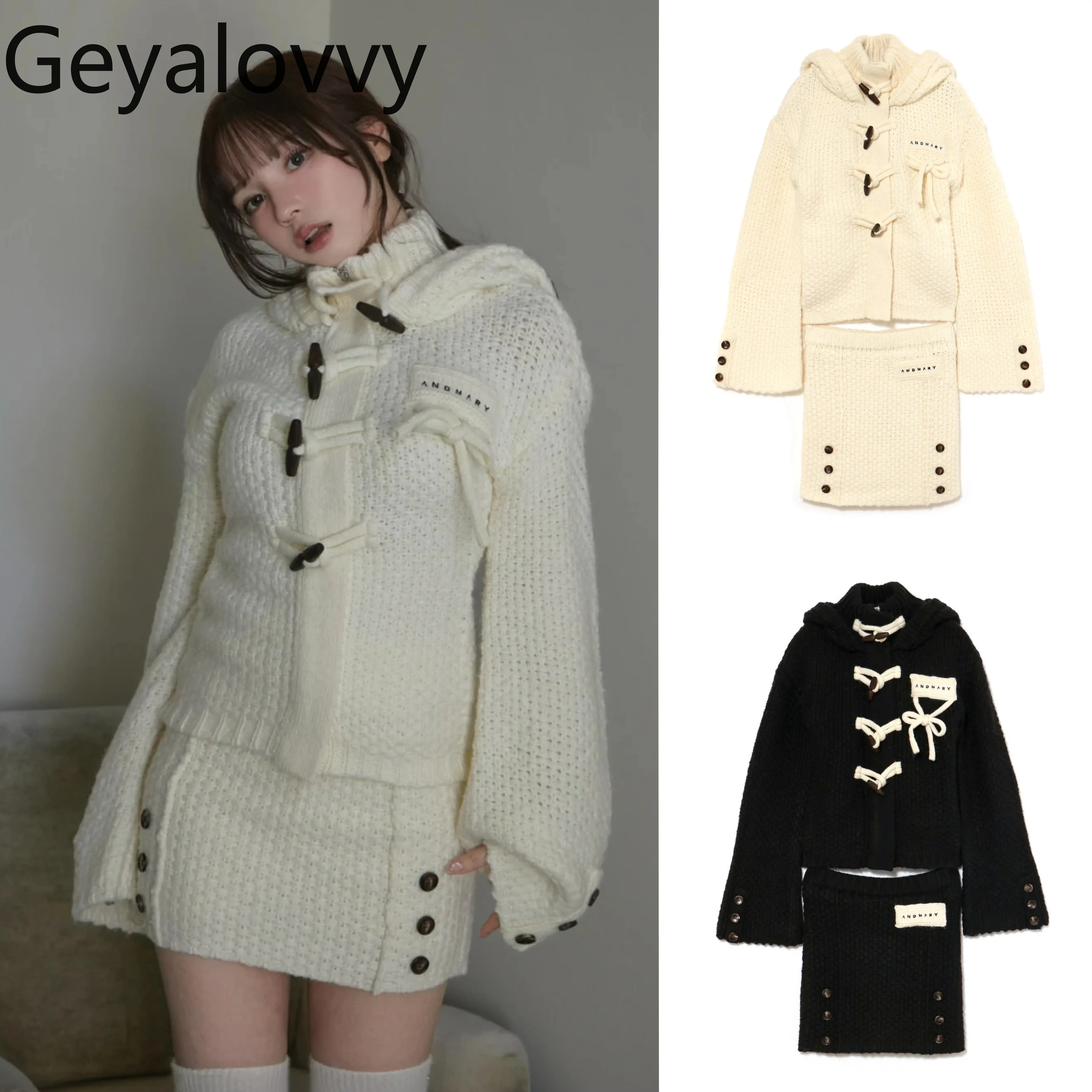 

Вязаный комплект с капюшоном и пуговицами в японском стиле, осенне-зимний свободный кардиган, куртка на пуговицах, полуюбка, комплекты из двух предметов для женщин