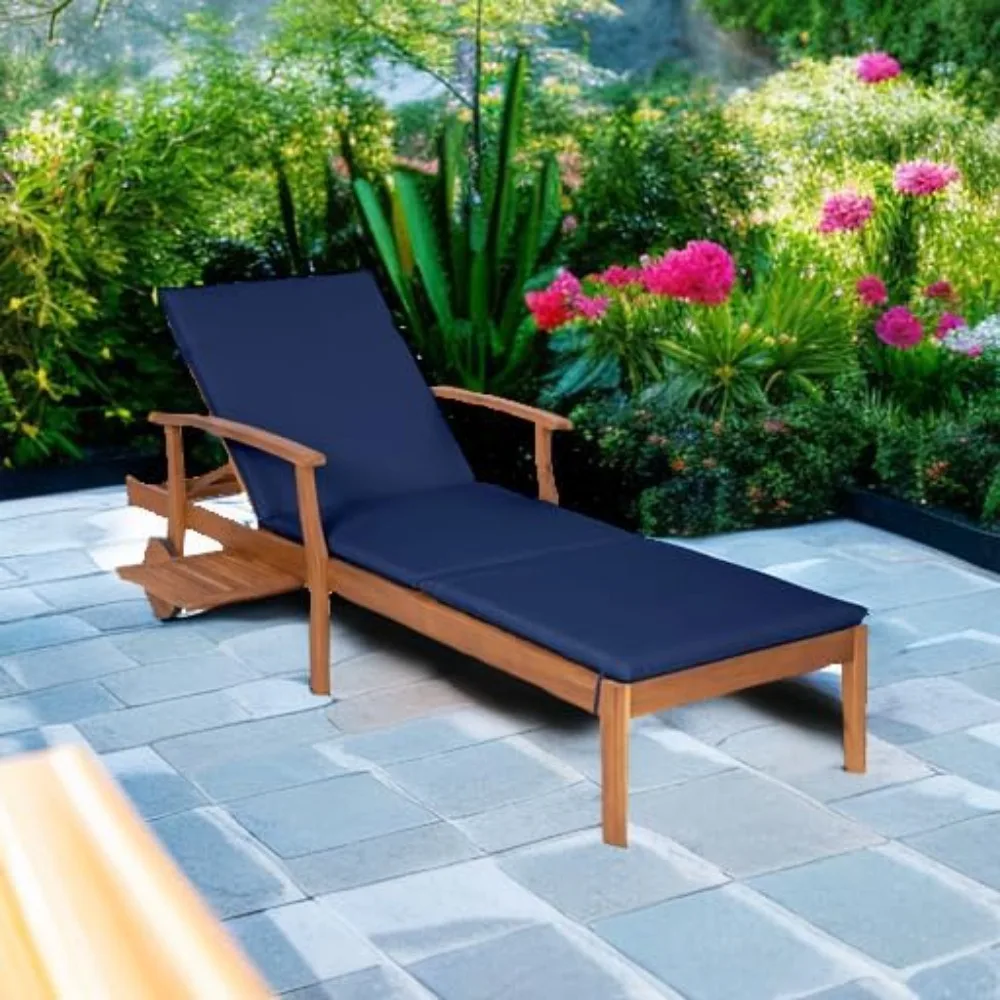 

Outdoor Adjustable Backrest Acacia Wood Lounge Chair w/Wheels, Slide-Out Side Table & Foam-Padded Cushion, Furniture for Patio