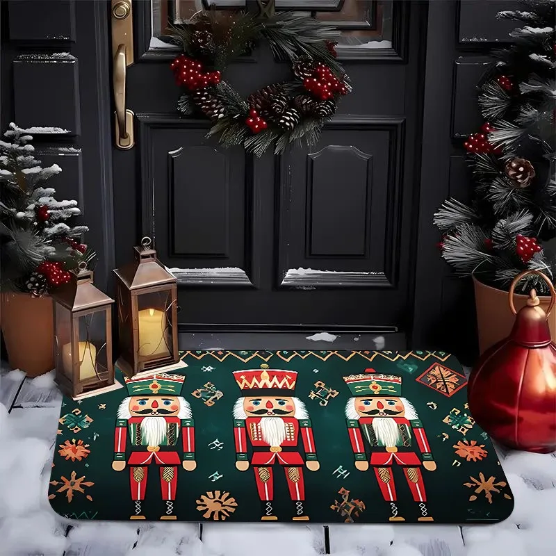Christmas Nutcracker Soldier Flannel Doormat Folk Style Snowflake Geometric Pattern Anti‑Slip Home Entrance Holiday Decor Rug