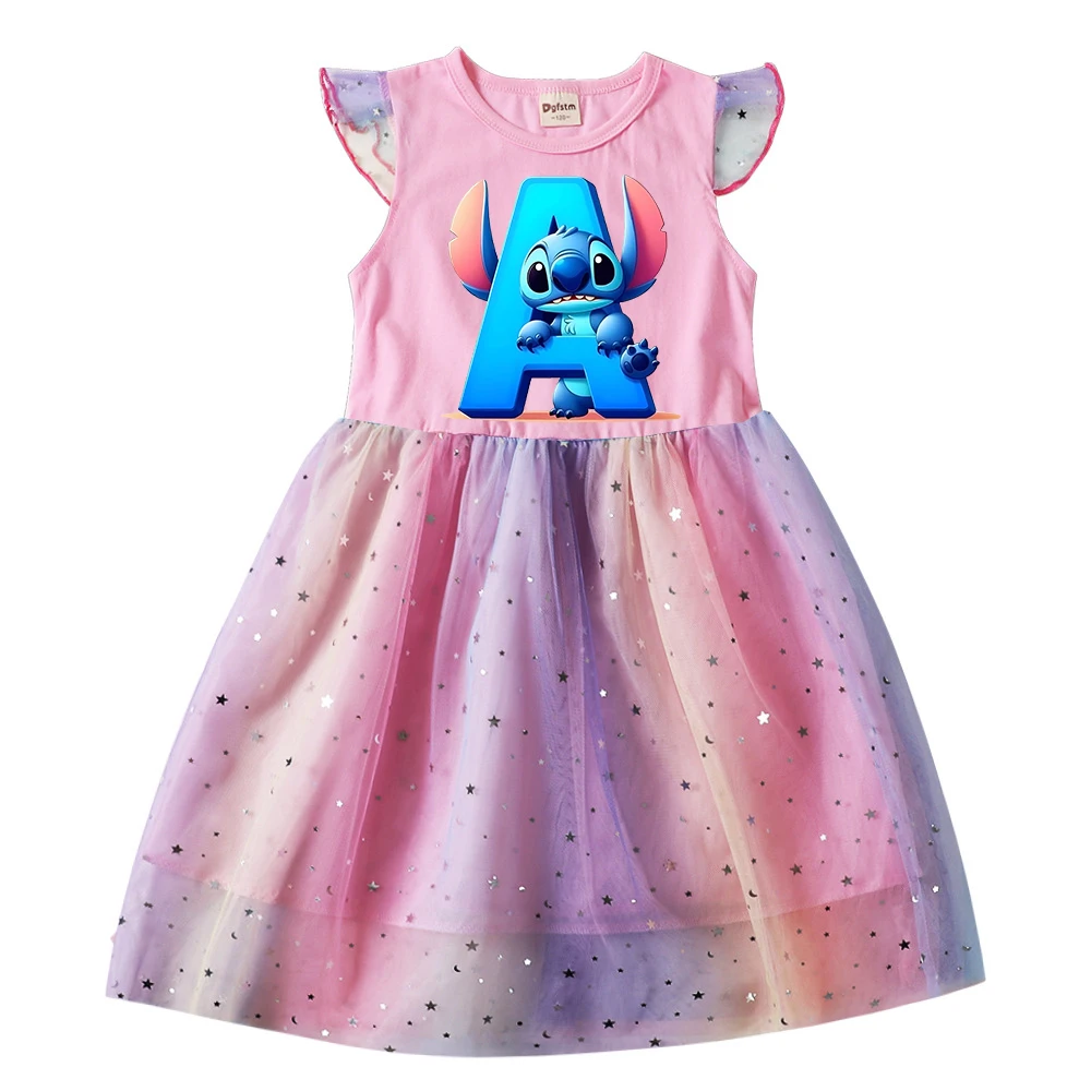 

Stitch Girl Dress 26 English Letters Print Children Girls Princess Cartoons Casual Clothes Gauze Dresses Kid Baby Clothing Gifts