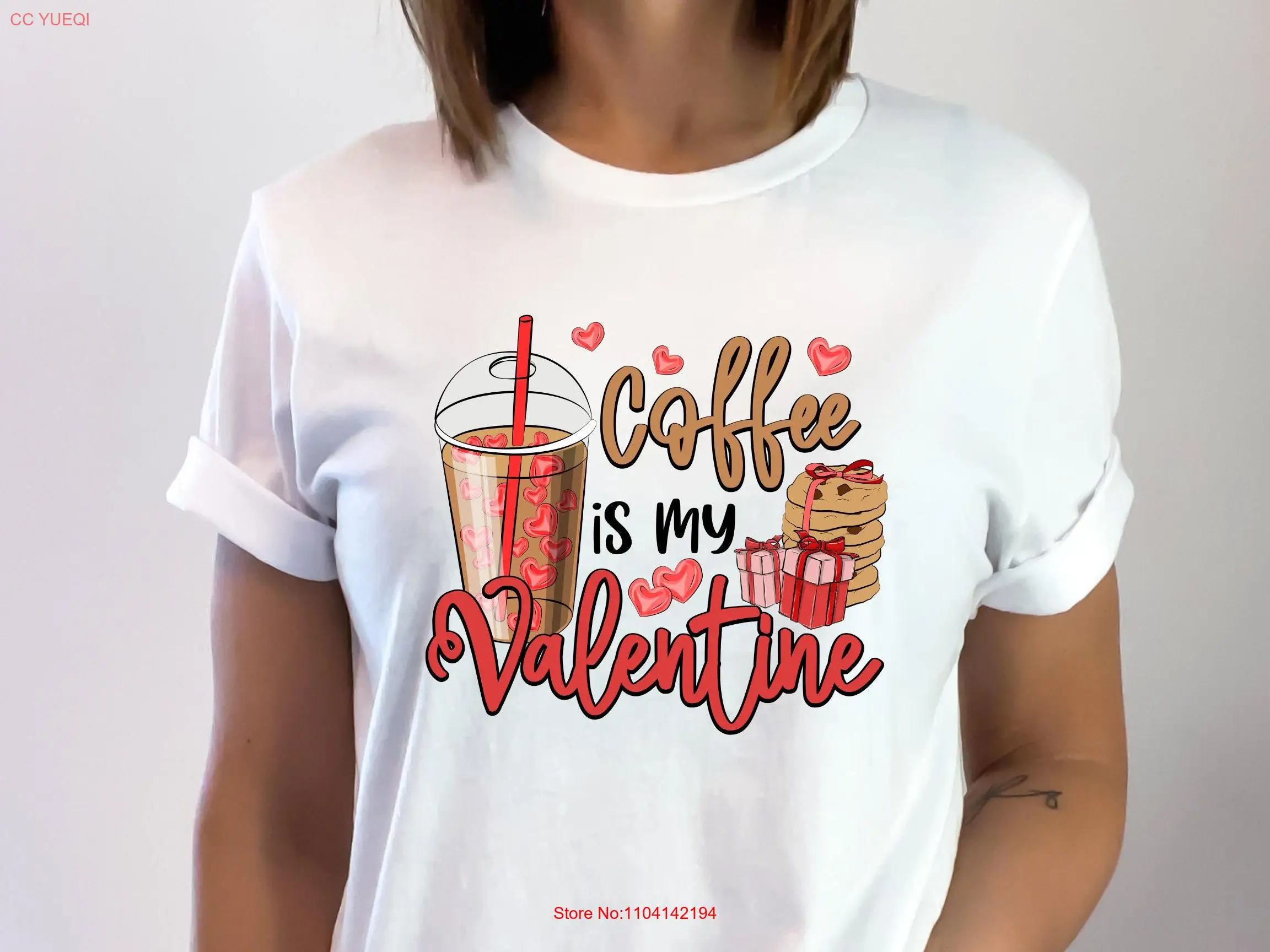 Camiseta con estampado "Coffee is My Valentine" para mujer, camisa de manga larga o corta con escote en V, ideal para enamorados