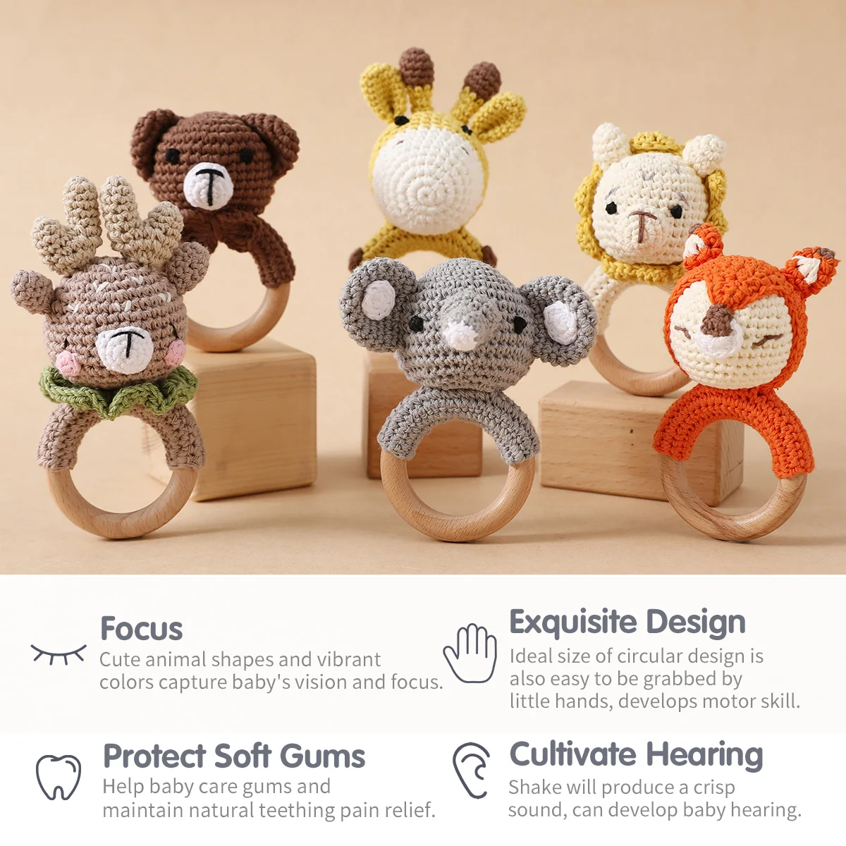 Wooden Baby Rattle Toys, Newborn Crochet Bear Rattle Toy Natural Wood, Shaker Rattle for Hand Grips, Boy Girl First Rattle Gift view 2
