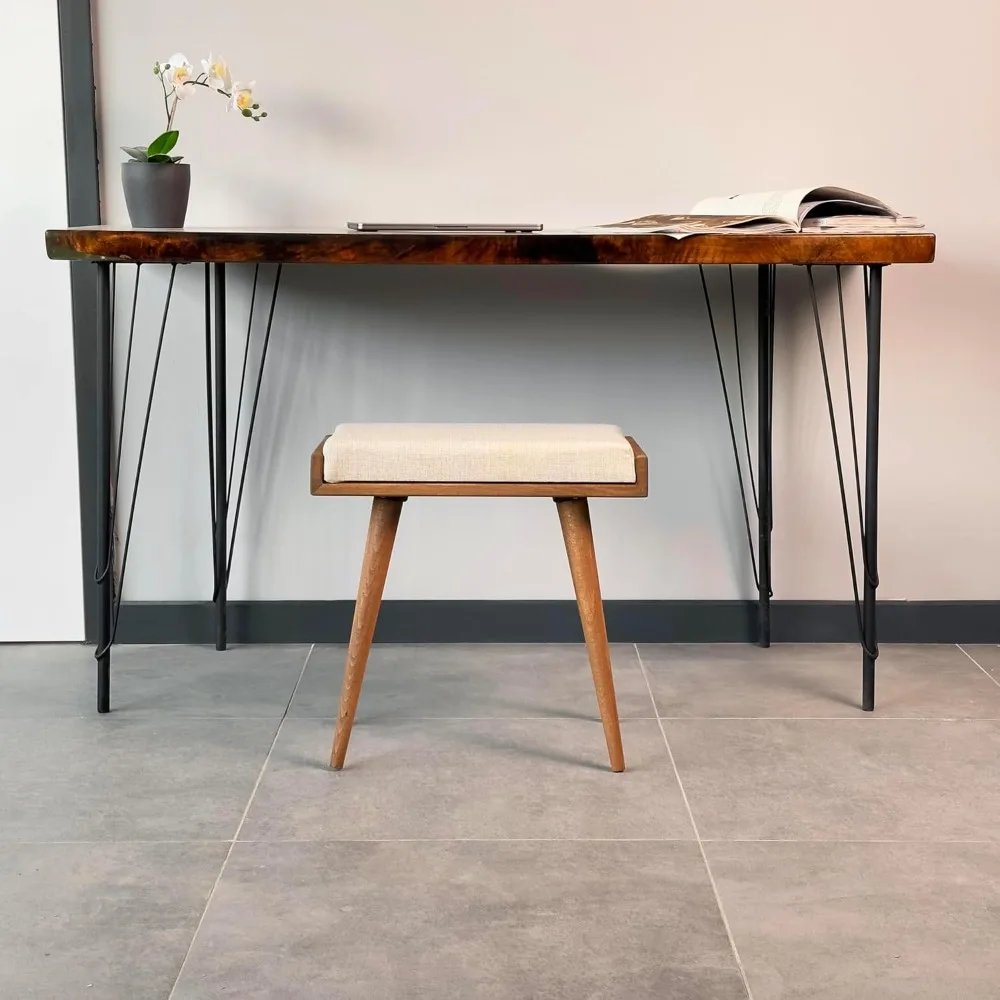 

Walnut Ottoman Stool for Living Room Upholstered in Cream Pattern Fabric Versatile as a Piano Bench Ideal Bedroom Bench