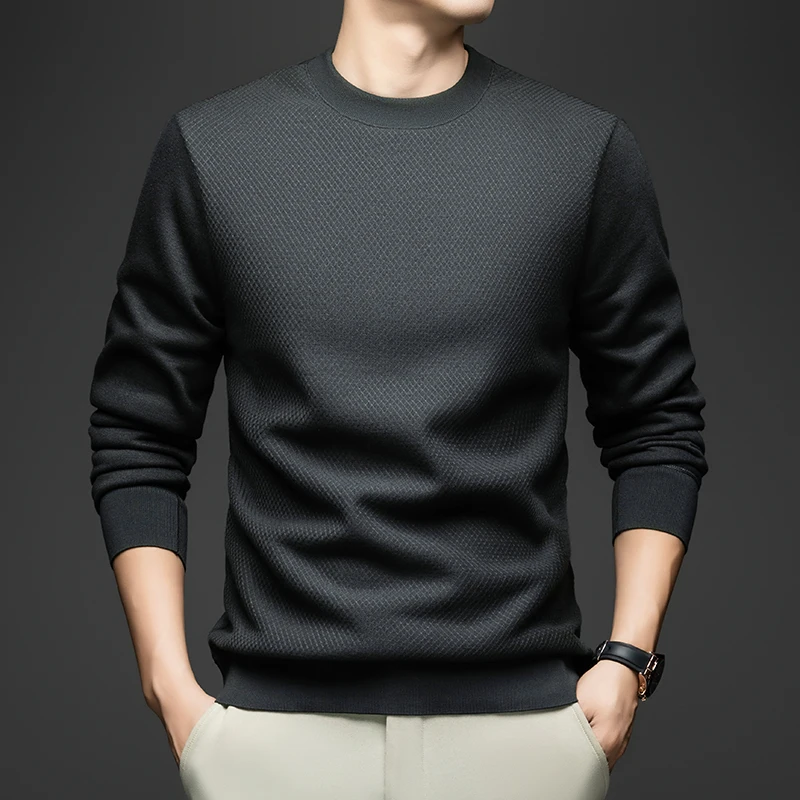 2025 T-shirt a maniche lunghe tinta unita girocollo da uomo casual, camicia base lavorata a maglia sottile da uomo trendy e semplice