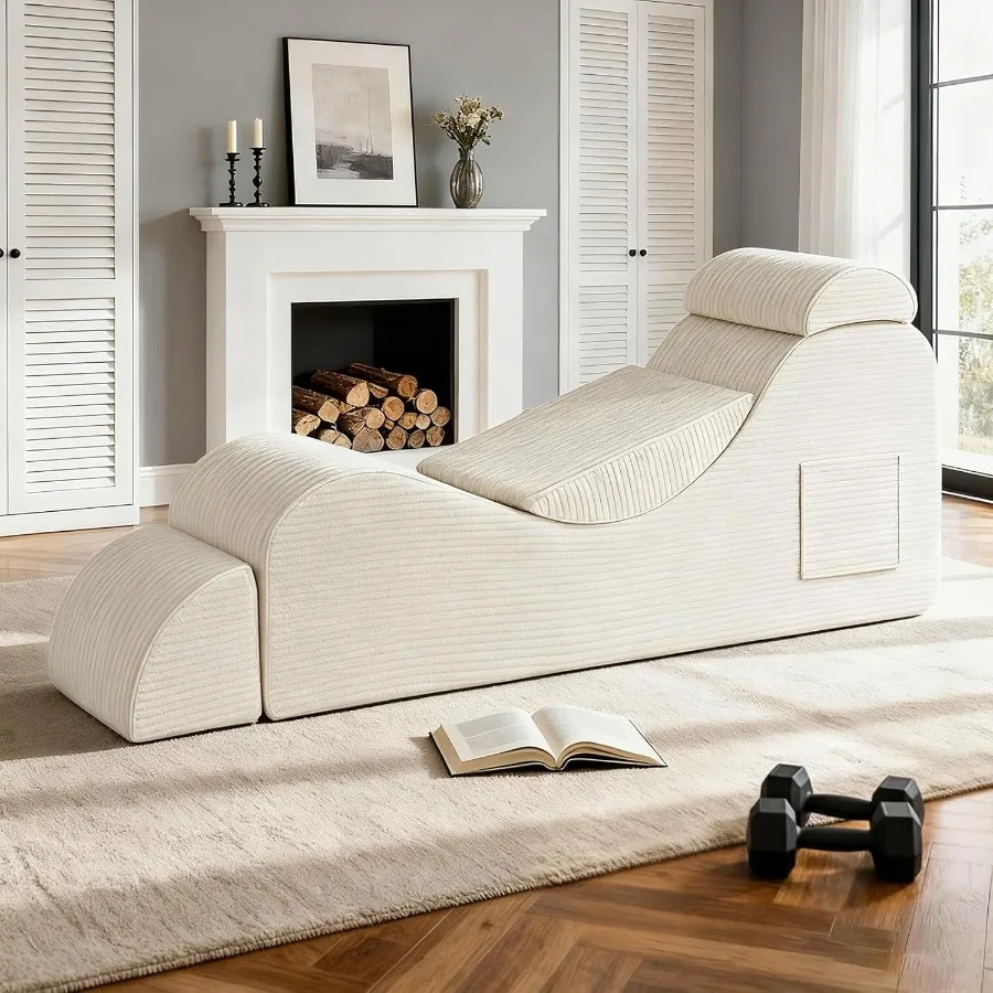 Yoga-Stuhl für Erwachsene, Chaiselongue mit Kopfstütze, Taillenpolster, Ottomane, Seitentasche, hochdichter Schaumstoff, rutschfeste Unterseite, Beige für Stre