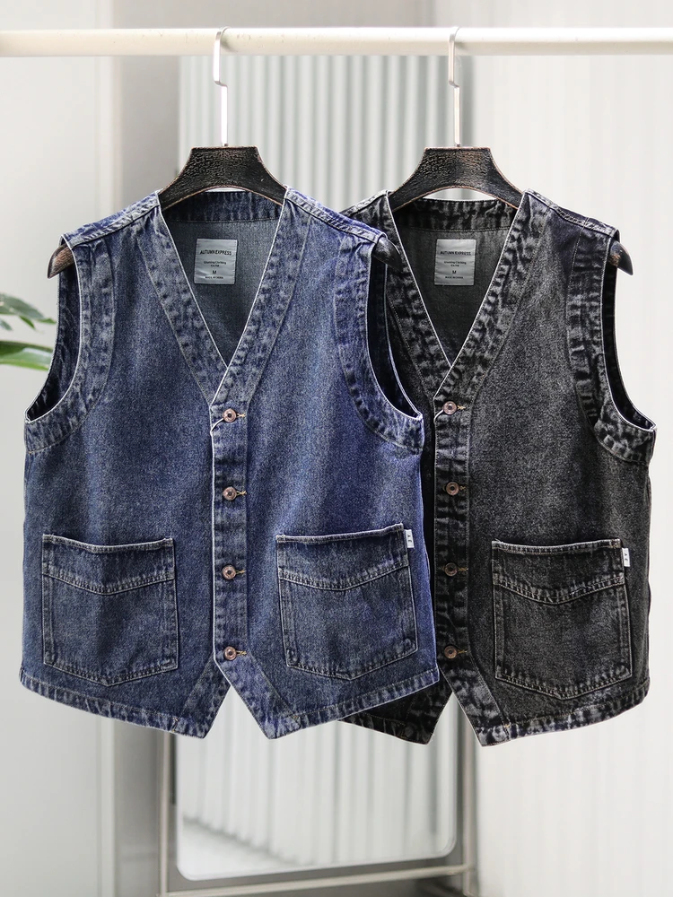 

Ретро-жилет из американского денима с V-образным вырезом на одной пуговице для мужчин, осенняя новинка, молодежный повседневный городской стиль