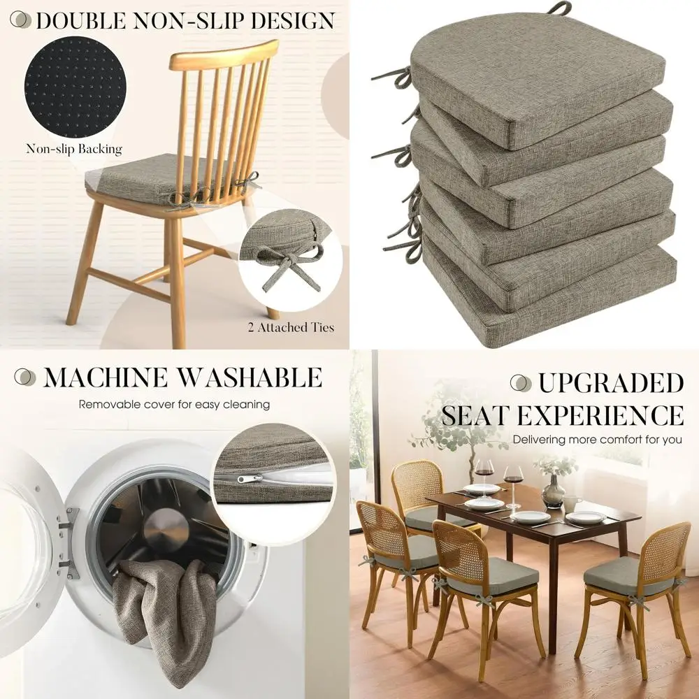 

Set of 6 Removable Cover Dining Chair Cushions, 2 Thick, 17x16, Khaki