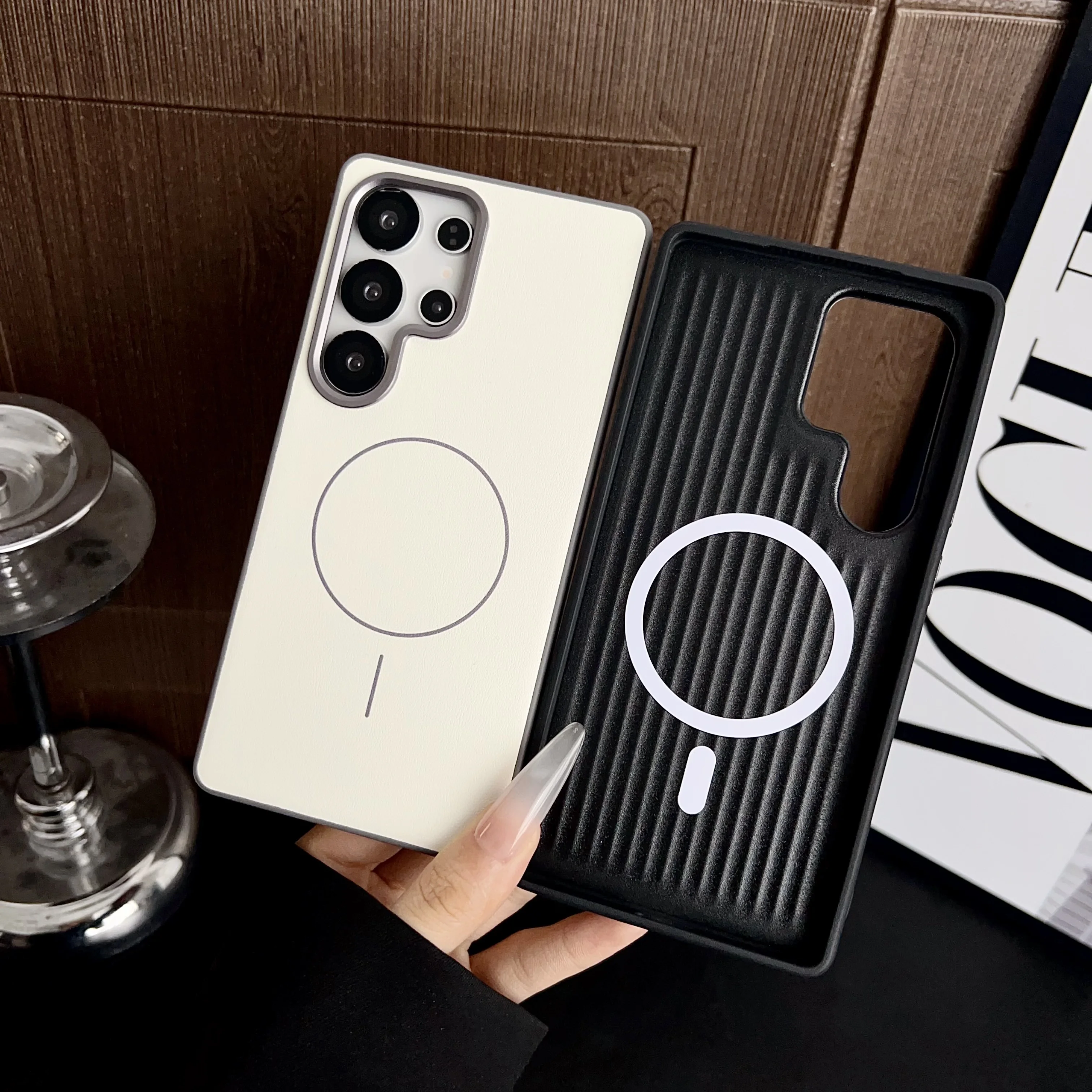 

Металлический бампер для камеры, кожаный чехол с узором для Samsung Galaxy S25 S24 Plus Ultra для Magsafe, магнитная противоударная жесткая задняя крышка