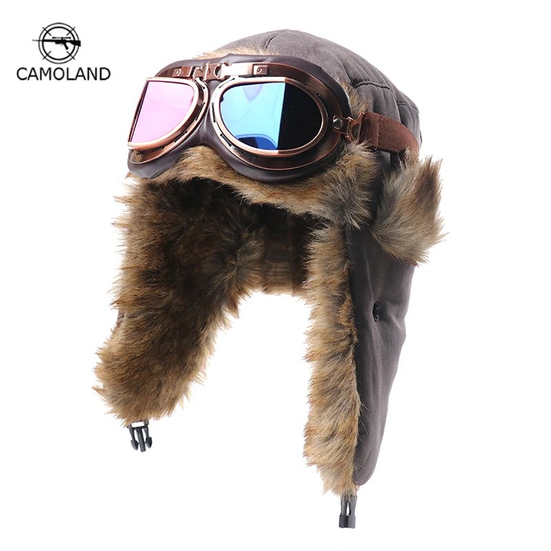 

CAMOLAND Winter Suede Fleece Bomber Earflap Hats Anti-Fog Safety Goggles with Adjustable Head Strap Universal Fit for Men/Women