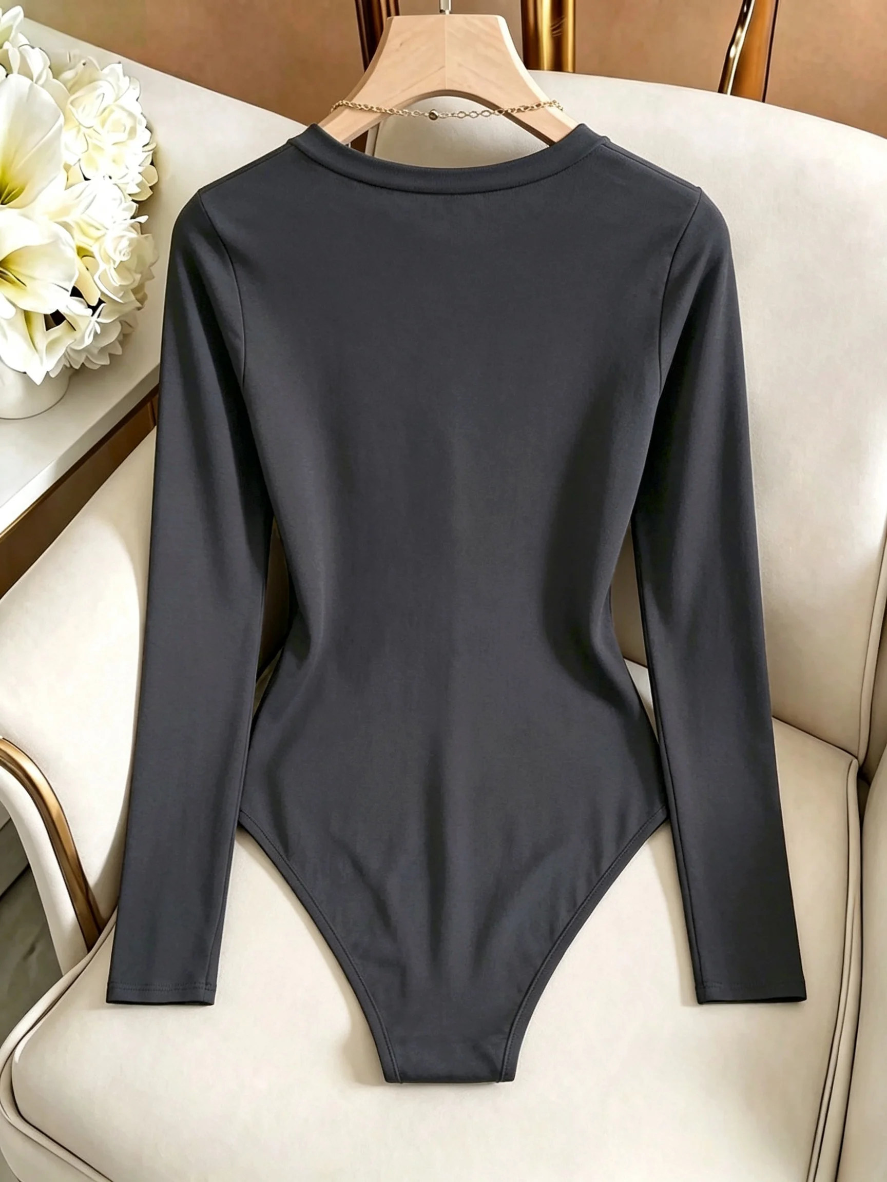 Damen-Body mit Rundhalsausschnitt und langen Ärmeln, hoch geschnitten, schmal geschnitten, figurbetont, Y2K, sexy, lässig, Basic, einteiliges Oberteil – Detail 26