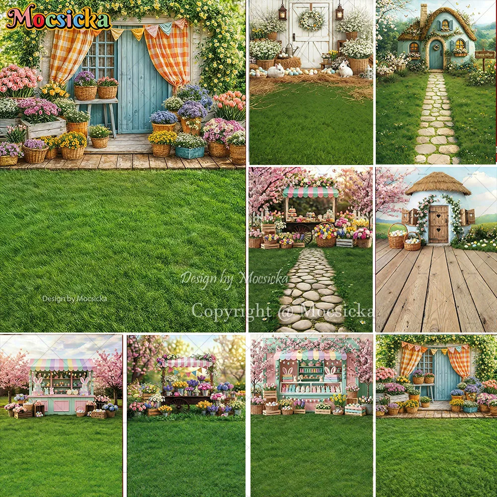 Fondo Fotográfico Mocsicka para Fiesta de Pascua, Césped Verde, Carrito de Regalos con Huevos de Pascua, Fondo para Fotos de Cumpleaños Infantiles, Estudio Fotográfico
